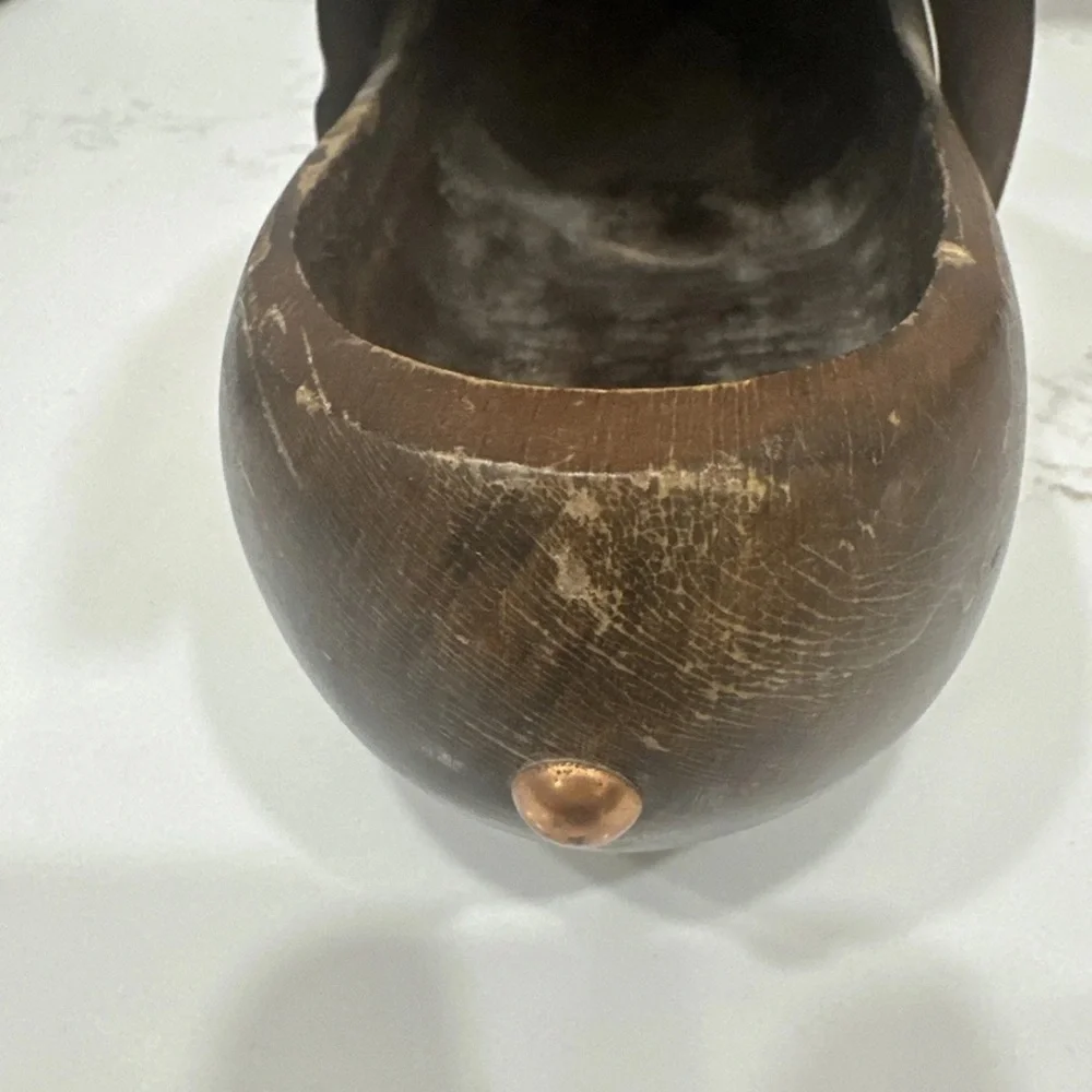 VIntage Carved Wood Clog/Shoe COPPER BAND Wine Bottle Holder- See Pics!